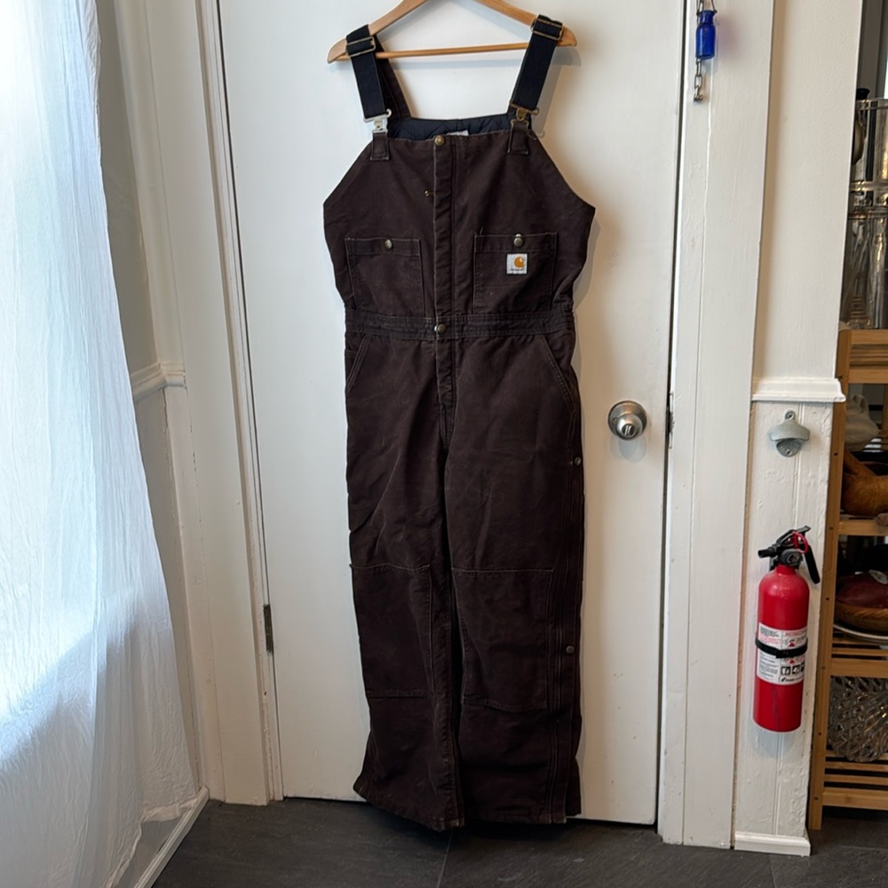 Carhartt Dark Brow  Weathered Duck Quilt Lined Bib Overalls womens 8